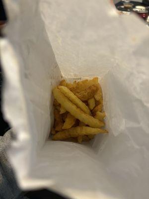 About 4 normal size fries then crumbs for a $3 order