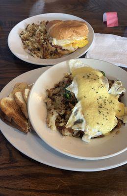 Mediterranean skillet with toast. (Breakfast sandwich with side of hash browns featured in background)