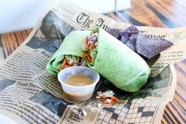 Thai Chicken Wrap with Tortilla Chips & Homemade Peanut Dipping Sauce