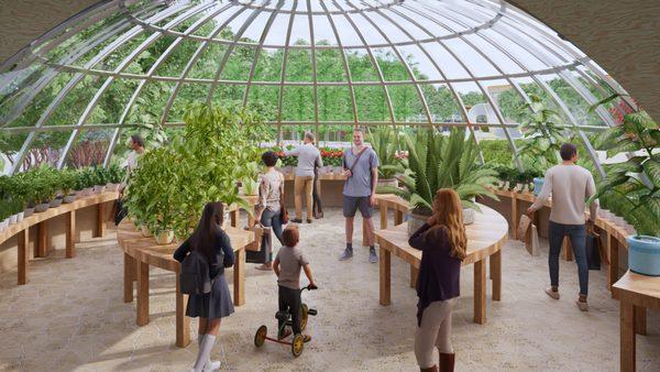 Rendering of the Interior/Inside View of the Store. Visualized with people, produce and landscape.