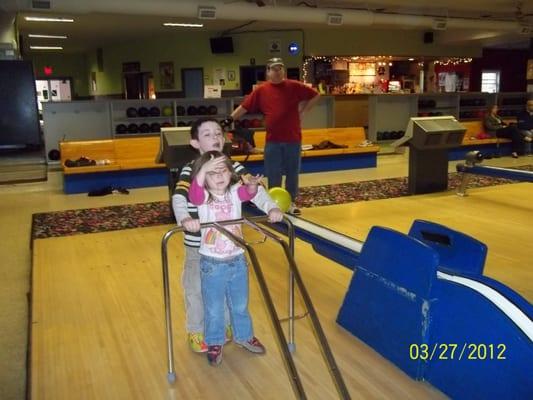 We have bumpers, ramps, and light bowling balls so the kids can have more fun!