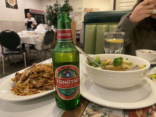 Tsingtao, Beef Chow Mein, Wor Won Ton Soup