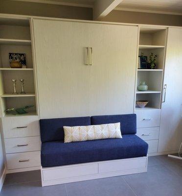 Made thes lovely littel custom cushions and lumbar for this custom Murphy bed cabinet.