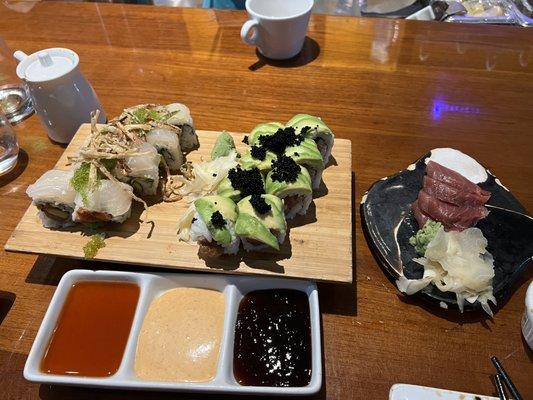 Rick and Roll special with Wahoo; Sunrise Roll; Tuna sashimi