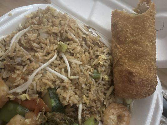 Shrimp with mixed vegetables, plain fried rice & egg roll