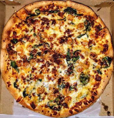 Large Shrimp Lejon Pizza: Honey dijon sauce, spinach, grilled shrimp & bacon. $17.95