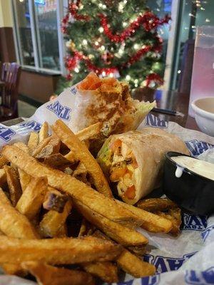 Buffalo chicken wrap with fries