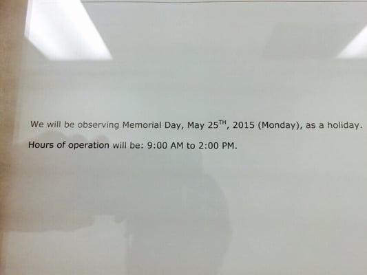 Makiki Self Storage Memorial Day holiday schedule.