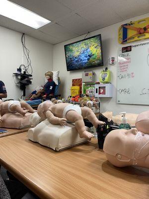 Each station has an adult and infant CPR dummy to demonstrate your proficiency in performing CPR.