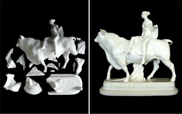 Porcelain Repair Restoration Lady on Bull Before & After