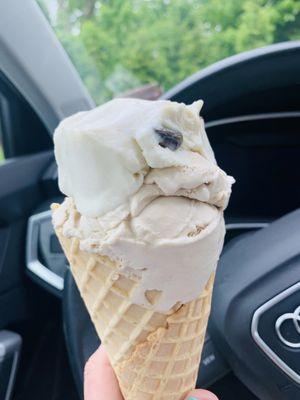 Pistachio and Rum and Coke on a waffle cone