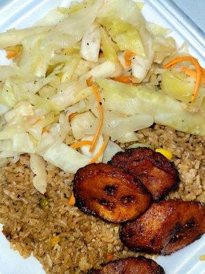 Plantain, brown rice and cabbage