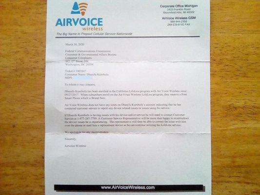 Letter from Airvoice Wireless.