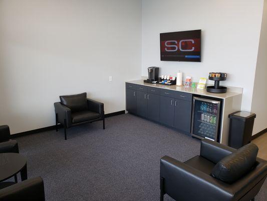 Relaxing reception area. Enjoy refreshments and ESPN.