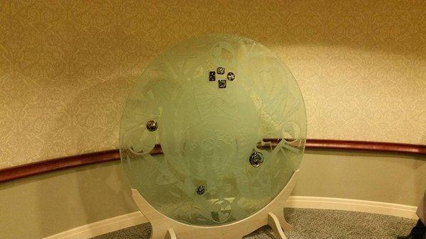 6 ft diameter etched glass art piece.