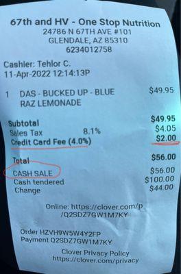 Credit card fee charged even when paying cash.