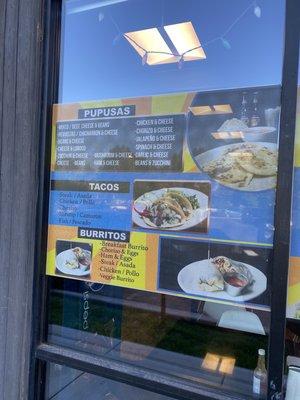 Menu, pupusas, tacos, burritos