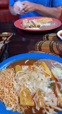 Spinach enchiladas and beef tamales