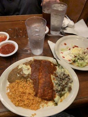 Chile relleno, enchilada, and tostada vegetarian combo