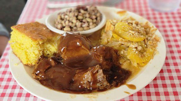 Pot roast, squash casserole,  black eyed peas and corn bread