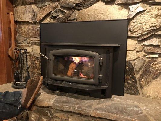 Toasty lobby fireplace.