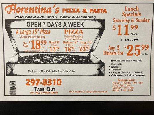 Florentina's Pizza and Pasta Menu