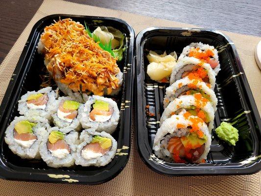 Philadelphia roll (on the bottom), Akasaka roll (on the top), & the tri state roll (on the left)