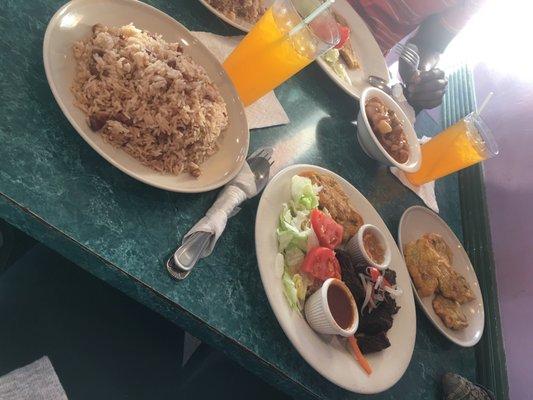 Tassot, rice & beans, salad, and plantains. They were out of the macaroni and potato salad