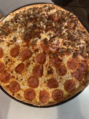 Pepperoni Pounder Pizza and meats.