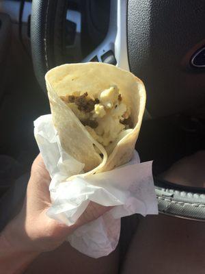 Chorizo, egg, bean, and cheese breakfast burrito. This is my new favorite thing here!!