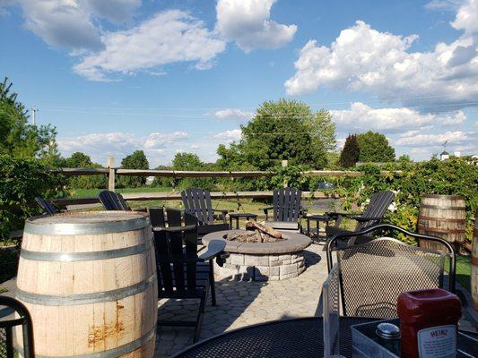 Patio includes a fire pit with Adirondack chairs, perfect for enjoying delicious beer or a cocktail.