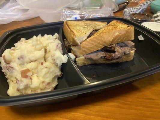 Mashed Potatoes and prime rib sandwich