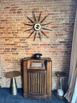 Clock, radio, phone, stools