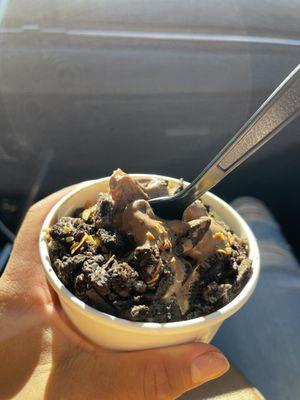 Chocolate ice cream, crushed Oreos and toasted coconut