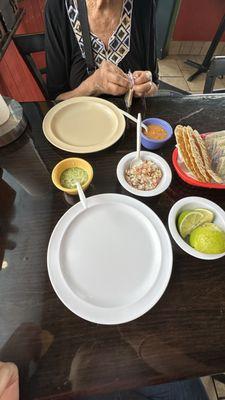 Ceviche, spicy salsa, tostadas.