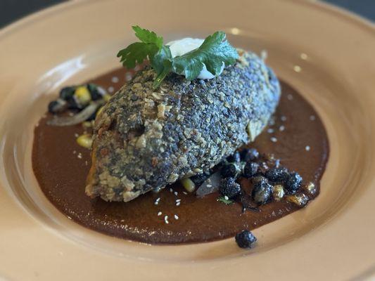 Corn tortilla crusted chile relleno