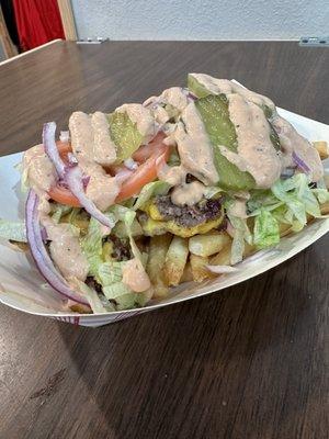 Cheeseburger loaded fries with all the toppings!