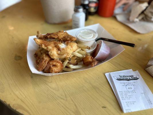 Whitefish, shrimp, fries and hush puppies.