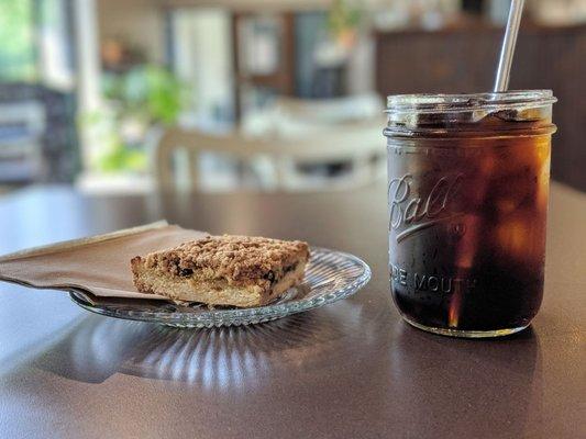 Oatmeal bar and cold brew coffee.