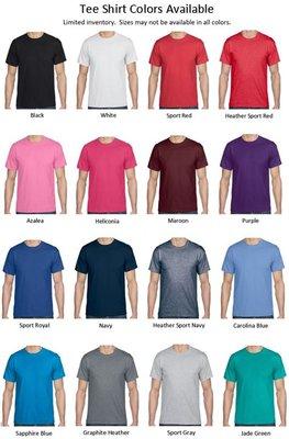 Short-sleeved tee shirts. Limited inventory. Sizes may not be available in all colors. Men's sizes.