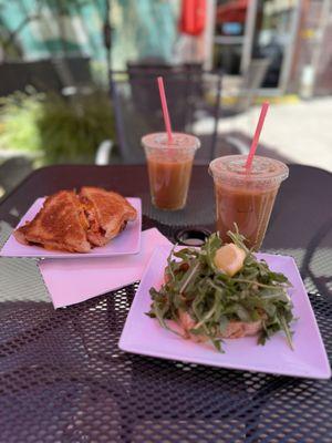 Horchata cold brews, Brekky Sando, and Salmon Toast