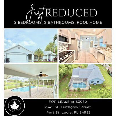 Pool Home for Rent at $3050. 3 bedrooms/2 bathrooms/2 car garage.