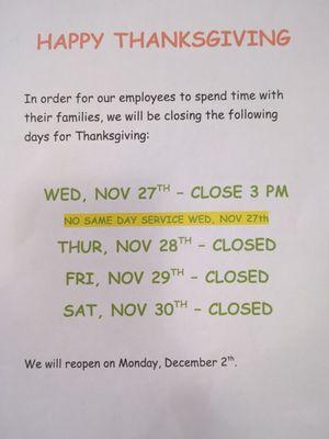 Thanksgiving holiday schedule