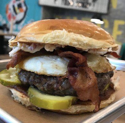 The Brunch Burger -- Angus Beef, Pimento Cheese, Applewood-Smoked Bacon, Pickles, Apple Butter, Fried Egg