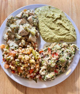 Pick-4 Sampler Chicken Salad, Jalapeno Cilantro Hummus, Tuna Salad, Pearled Couscous