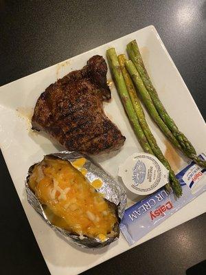 Sirloin Steak, Loaded Baked Potato and Asparagus