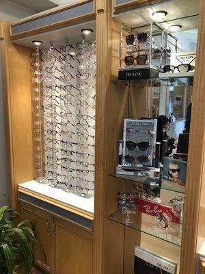 Optometry department on one side. Great selection of designer and basic eyeglass frames and sunglasses.