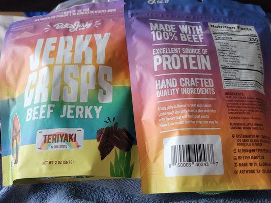 Made with Aloha.  CrIspy beef jerky teriyaki flavor