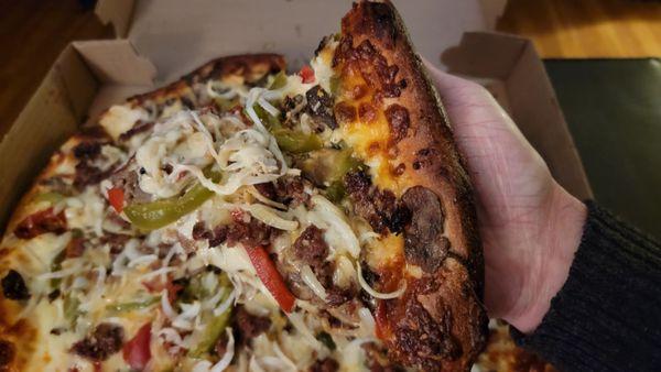 Large (16", 8 slice) Steak & 3-Cheese Pizza w/red & green (bell) peppers: Every slice is generously loaded up!