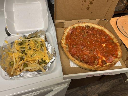 Green Chile Cheese Fries and All Meat True Chicago Pizza